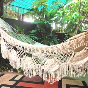 Hammock Beige Single Boho Style, Hammock hand woven Natural Cotton, shredded Fringe image 5