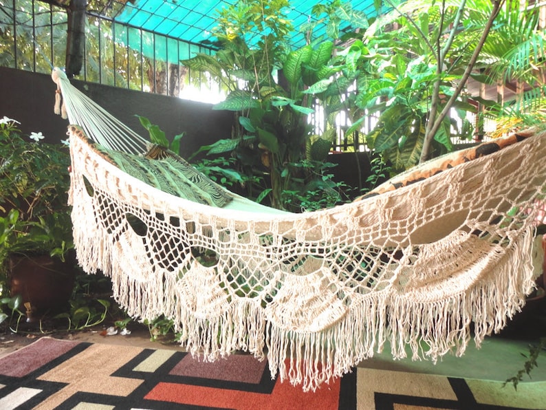 Hammock Beige Single Boho Style, Hammock hand woven Natural Cotton, shredded Fringe image 5