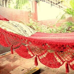 Red Hammock, Hand Woven Natural Cotton with Special Fringe image 2