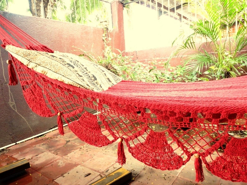 Red Hammock, Hand Woven Natural Cotton with Special Fringe image 2