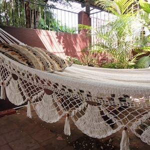 Beige Jumbo Size Hammock. Handwoven with Natural Cotton and Special Fringe image 4