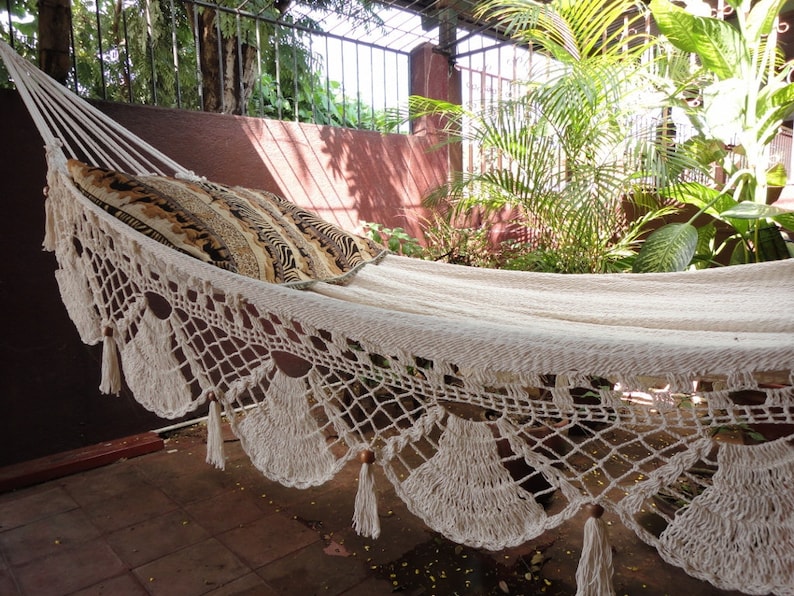 Beige Jumbo Size Hammock. Handwoven with Natural Cotton and Special Fringe image 4