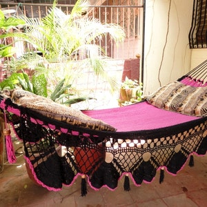 Beautiful Two Colors Fuchsia-Black Double Hammock handmade Natural Cotton Special Fringe image 5