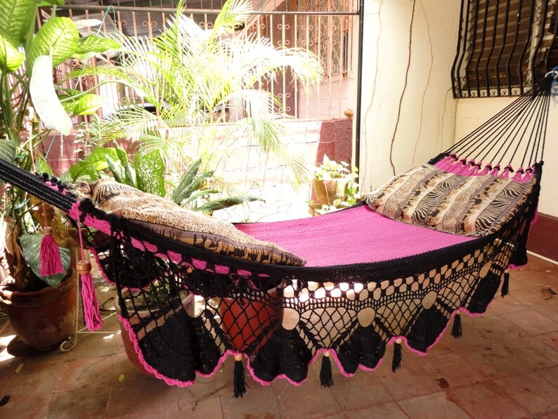 Beautiful Two Colors Fuchsia-Black Double Hammock handmade Natural Cotton Special Fringe image 5