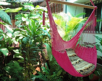 Fuchsia Sitting Hammock, Hanging Chair Natural Cotton and Wood