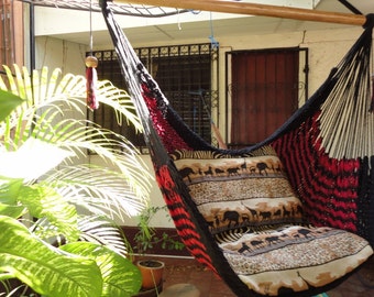 Red and Black Sitting Hammock, Hanging Chair Natural Cotton and Wood