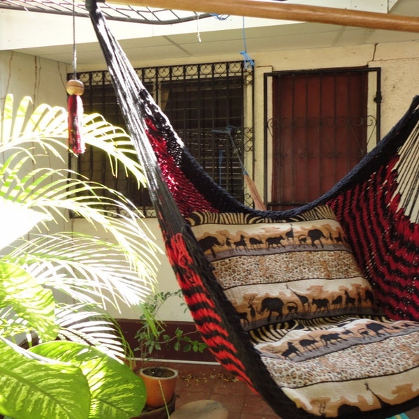 Red and Black Sitting Hammock, Hanging Chair Natural Cotton and Wood