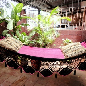 Beautiful Two Colors Fuchsia-Black Double Hammock handmade Natural Cotton Special Fringe image 2