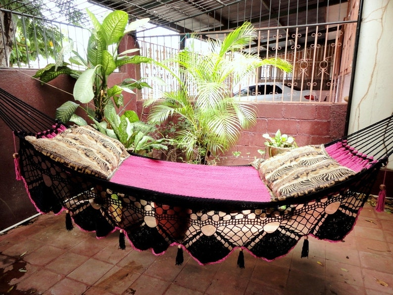Beautiful Two Colors Fuchsia-Black Double Hammock handmade Natural Cotton Special Fringe image 2