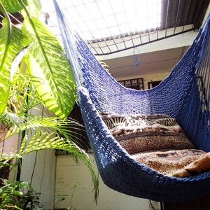 Royal Blue Sitting Hammock, Hanging Chair Natural Cotton and Wood image 2