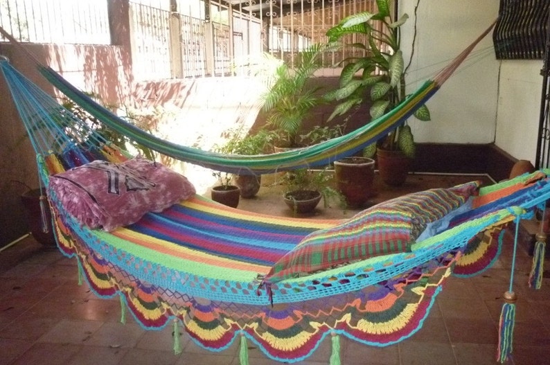 Hammocks, Beautiful center Turquoise Multicolor Double Hammock hand-woven Natural Cotton Special Fringe image 2