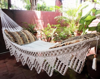 One Color Beige Single Hammock Hand-Woven Natural Cotton Triangle Fringe