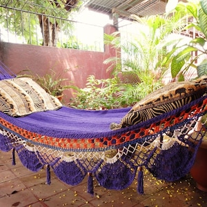 Violet Hammock, Hand Woven Natural Cotton with Special Fringe with Tassels