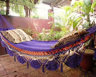 Violet Hammock, Hand Woven Natural Cotton with Special Fringe with Tassels