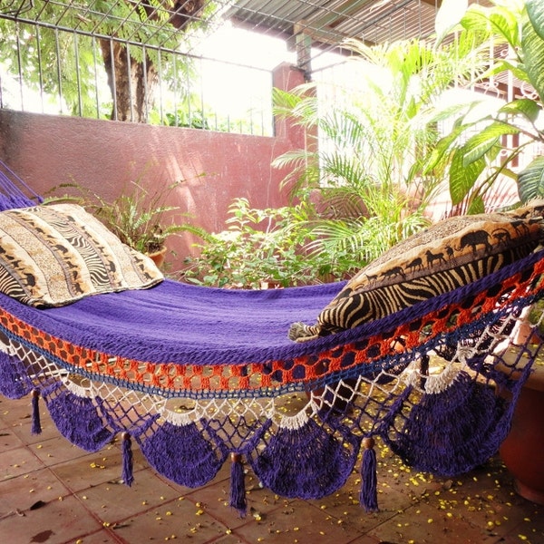 Violet Hammock, Hand Woven Natural Cotton with Special Fringe with Tassels