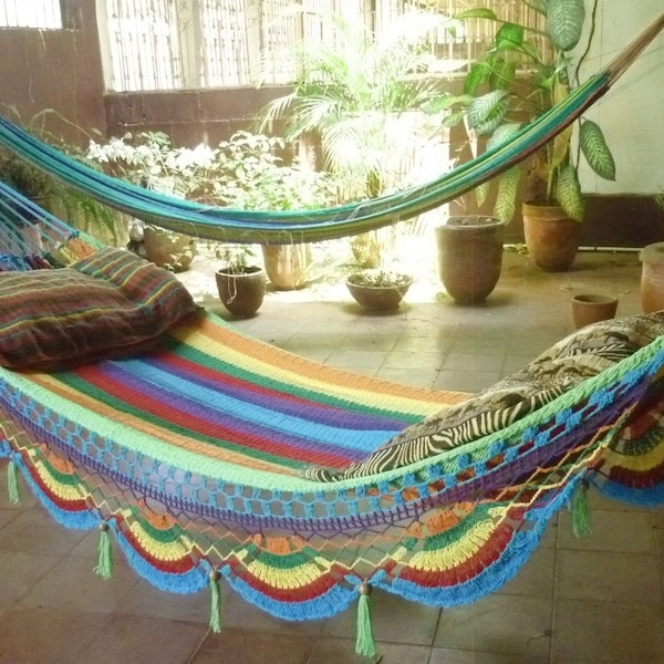 Single size Hammock hand woven. Natural Cotton Special Fringe, Symmetric Color Mix