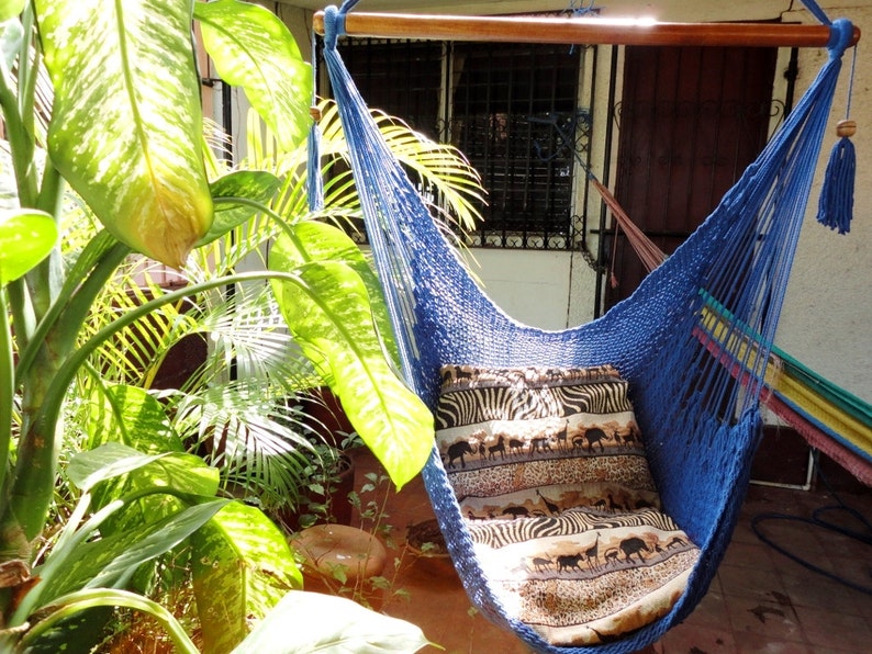 Royal Blue Sitting Hammock, Hanging Chair Natural Cotton and Wood image 3