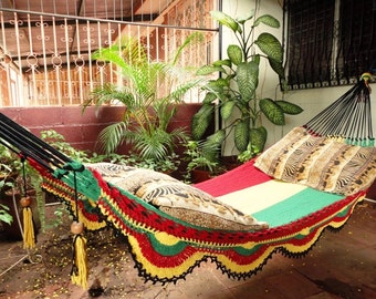 Rastafari Colors. Single Hammock hand woven Natural Cotton with Simple Fringe