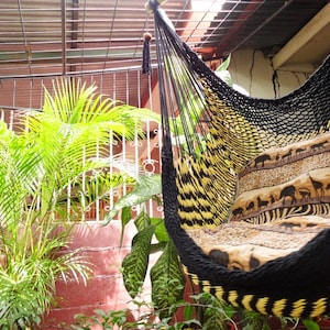 Black and Yellow Bulico Sitting Hammock, Hanging Chair Natural Cotton and Wood