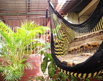 Black and Yellow Bulico Sitting Hammock, Hanging Chair Natural Cotton and Wood