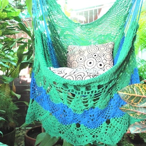 Green and Royal Blue Sitting Hammock, Hanging Chair Natural Cotton and Wood plus Simple Fringe