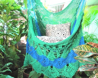 Green and Royal Blue Sitting Hammock, Hanging Chair Natural Cotton and Wood plus Simple Fringe