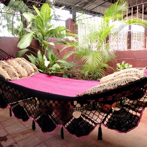 Beautiful Two Colors Fuchsia-Black Double Hammock handmade Natural Cotton Special Fringe image 3