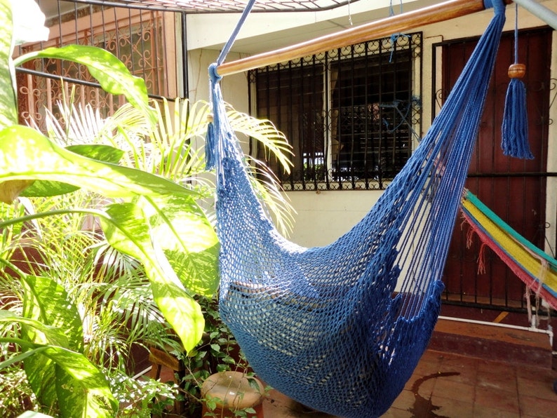 Royal Blue Sitting Hammock, Hanging Chair Natural Cotton and Wood image 5