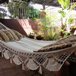 Beige Jumbo Size Hammock. Handwoven with Natural Cotton and Special Fringe image 2
