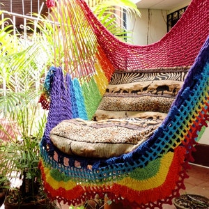 Rainbow Colors Hanging Hammock Chair - Natural Cotton and Wood with Simple Fringe for Indoor and Outdoor Use