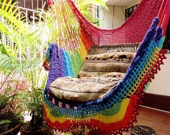 Rainbow Colors Hanging Hammock Chair - Natural Cotton and Wood with Simple Fringe for Indoor and Outdoor Use