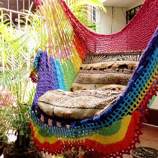 Rainbow Colors Hanging Hammock Chair - Natural Cotton and Wood with Simple Fringe for Indoor and Outdoor Use