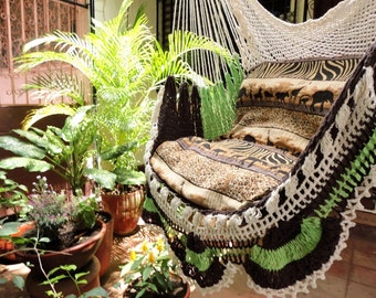 Beige Brown Light Green Tricolor Sitting Hammock -Simple Fringe