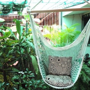 Green and White Bulico Sitting Hammock, Hanging Chair Natural Cotton and Wood