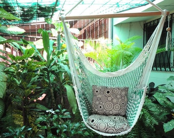 Green and White Bulico Sitting Hammock, Hanging Chair Natural Cotton and Wood