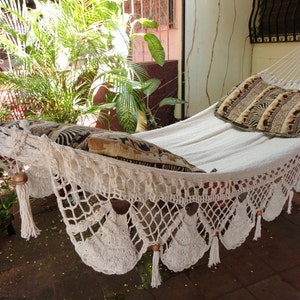 Beige Jumbo Size Hammock. Handwoven with Natural Cotton and Special Fringe