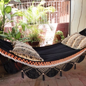 Black two lines Hammock, Hand Woven Natural Cotton with Special Fringe image 3