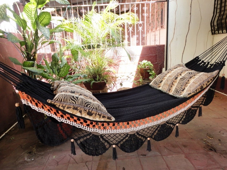 Black two lines Hammock, Hand Woven Natural Cotton with Special Fringe image 3