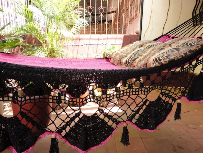 Beautiful Two Colors Fuchsia-Black Double Hammock handmade Natural Cotton Special Fringe image 4