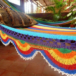 White colorful Hammock, Double size Hammock Hand Woven with Simple Fringe. image 4