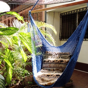 Royal Blue Sitting Hammock, Hanging Chair Natural Cotton and Wood