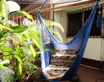 Royal Blue Sitting Hammock, Hanging Chair Natural Cotton and Wood