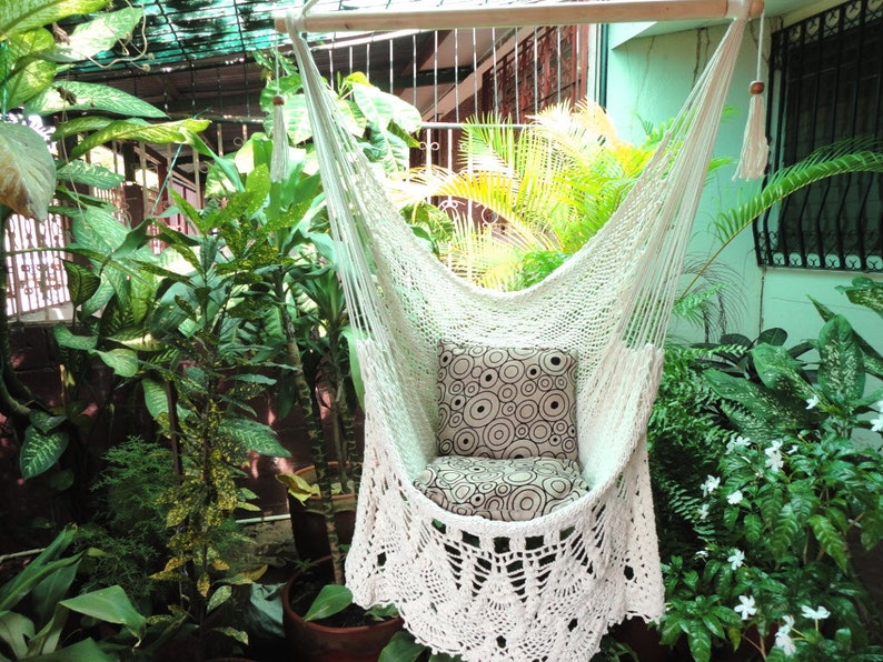 Hammock Chair White Bell Fringe Style. Craftwork Woven Fabric image 4