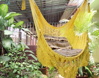 Sunshine Yellow Hanging Hammock Chair - Natural Cotton with Simple Fringe for Indoor and Outdoor Use