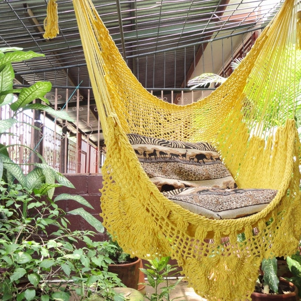 Sunshine Yellow Hanging Hammock Chair - Natural Cotton with Simple Fringe for Indoor and Outdoor Use