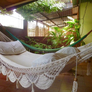 Bringing Nature Inside Beige Single Hammock with Unique Cotton Fringe and Tassels image 1