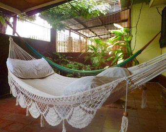 Bringing Nature Inside! Beige Single Hammock with Unique Cotton Fringe and Tassels