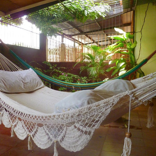 Bringing Nature Inside! Beige Single Hammock with Unique Cotton Fringe and Tassels