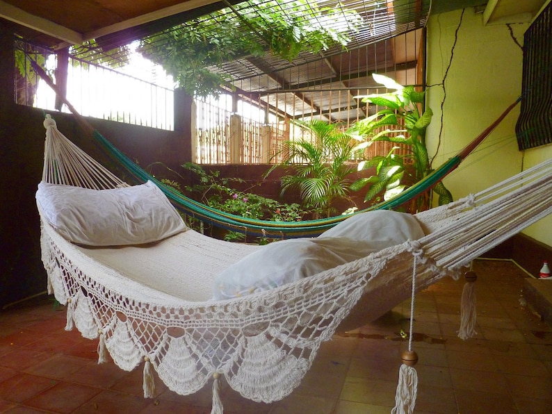 Bringing Nature Inside Beige Single Hammock with Unique Cotton Fringe and Tassels image 1