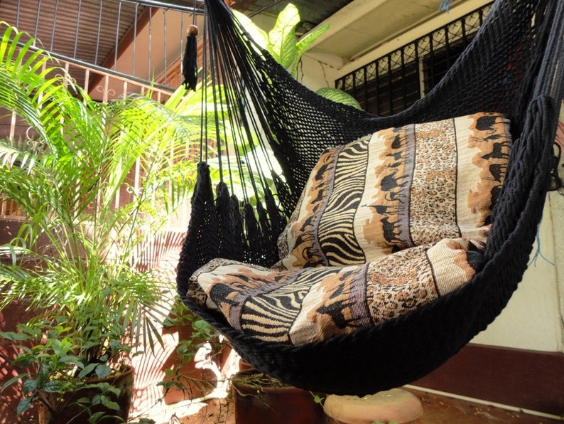 Black Sitting Hammock Hanging Chair Natural Cotton and Wood Etsy